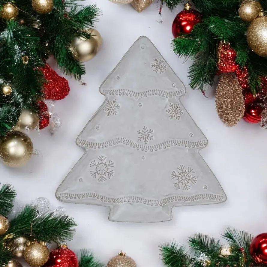 Stoneware Christmas Tree Shaped Plate with Snowflakes - 10-1/2-in