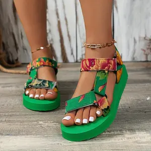 Women'sPlusSizeFloralPlatformSandals-Summer2025Collection,GreenSolewithVibrantFloralPattern,ThickEVACushionedSole,OpenToeDesign,Closure,PerfectforBeachandCasualWear