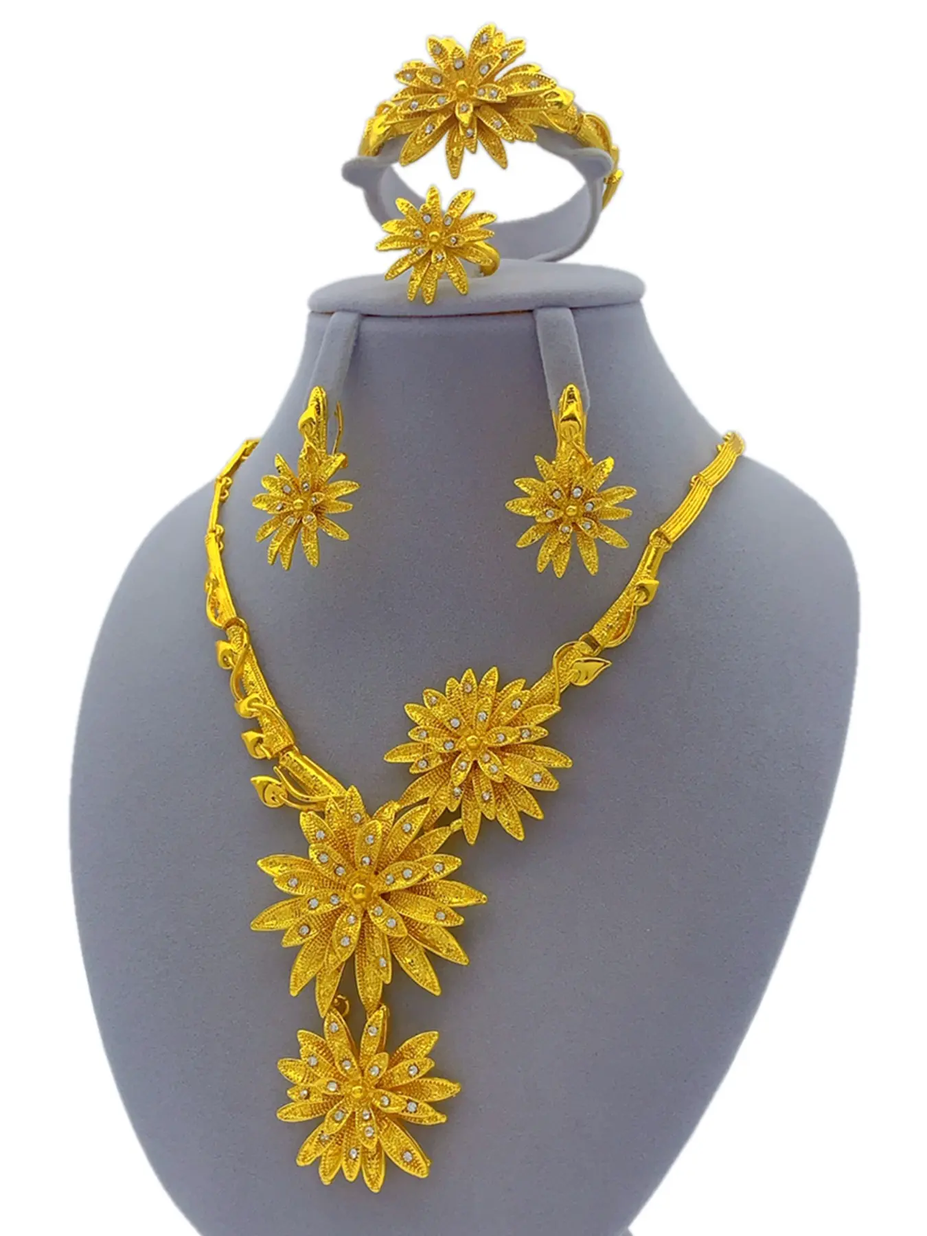 4-Piece Arabic Costume Elegant Jewelry Set, Dubai African Style Large Flower Necklace Bracelet Ring Earrings, Women's Daily Party Gift Wedding Jewelry