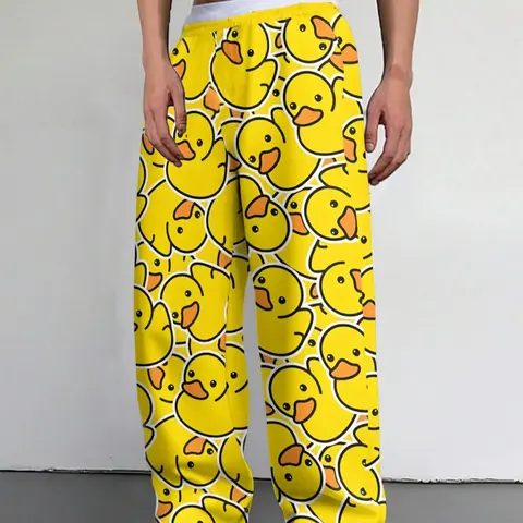 Men's Cartoon Duck Pajama Pants, Knitted, Elastic Waistband, Fitted, Comfortable Casual Summer Night Sleepwear Home Loungewear, Long Leggings for Men, Fun Animal Design, Pyjamas, Pjs