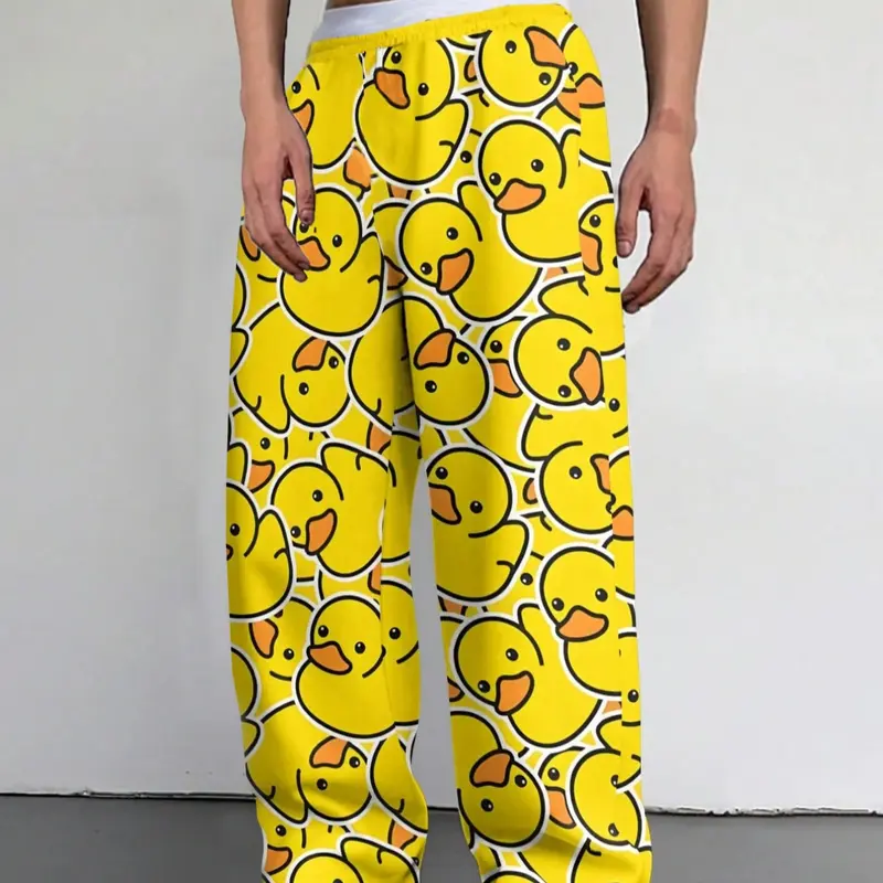 Men's Cartoon Duck Pajama Pants, Knitted, Elastic Waistband, Fitted, Comfortable Casual Summer Night Sleepwear Home Loungewear, Long Leggings for Men, Fun Animal Design, Pyjamas, Pjs