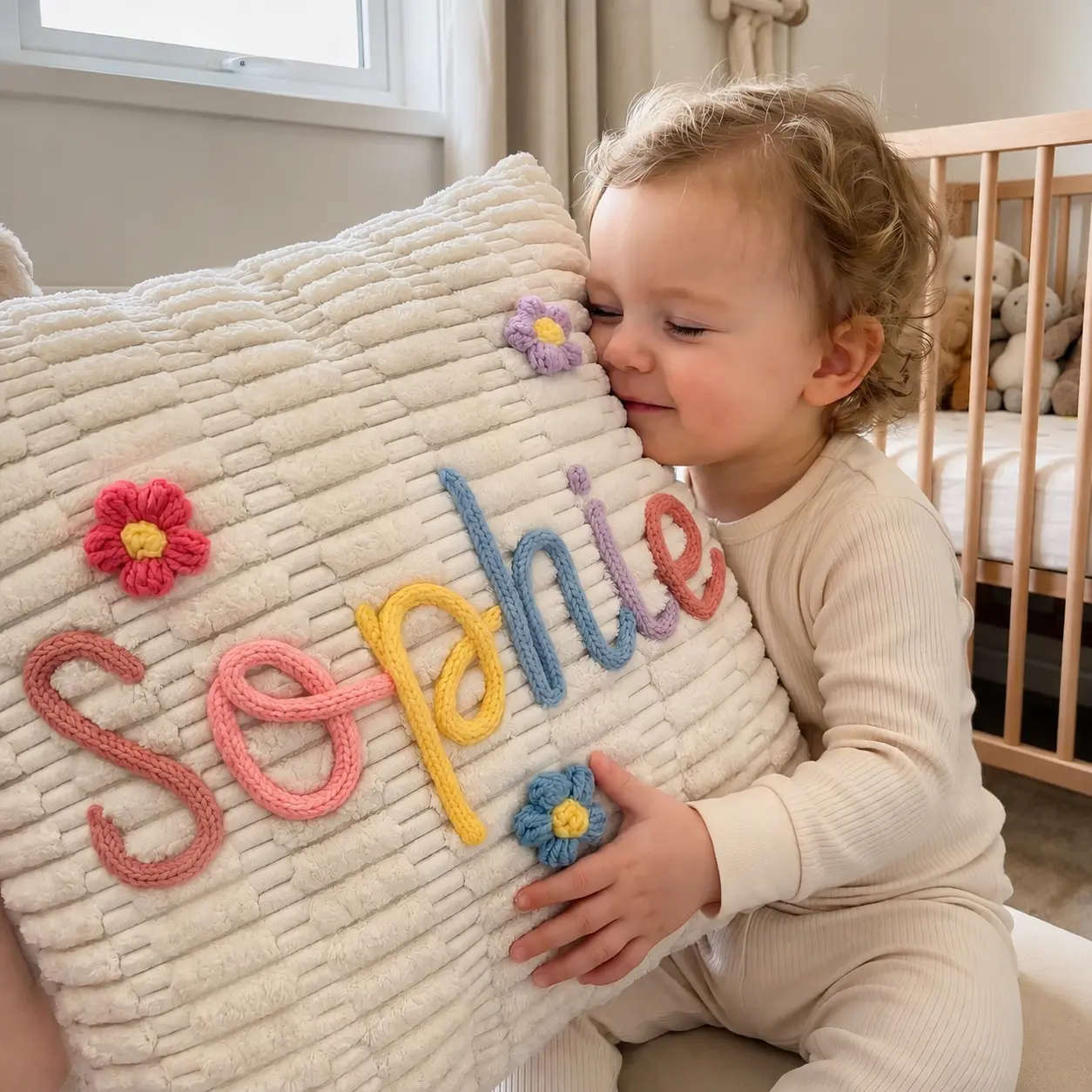 [Made-to-Order] Custom Textured Name Pillow, Soft Corduroy Nursery Decor, Handcrafted 3D Yarn Letters