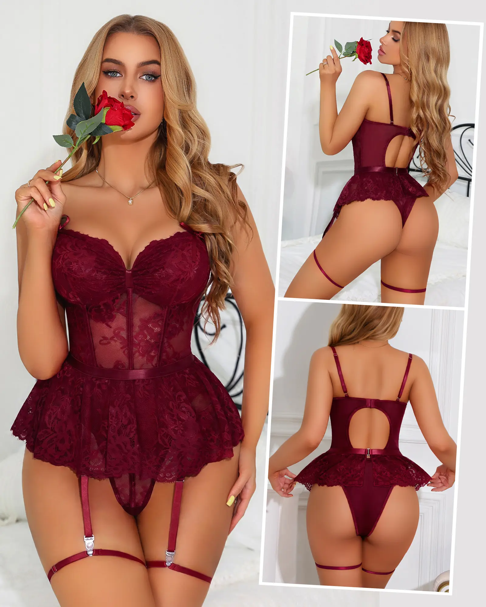 CHALOVELO Women Lace Bodysuit Skirt Lingerie Set, See Through Teddy Sleepwear with Adjustable Straps and Crotch Snap