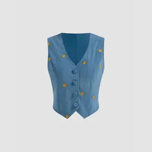 Cider [size 2-26] Corduroy V-neck Floral Embroidery Button Vest