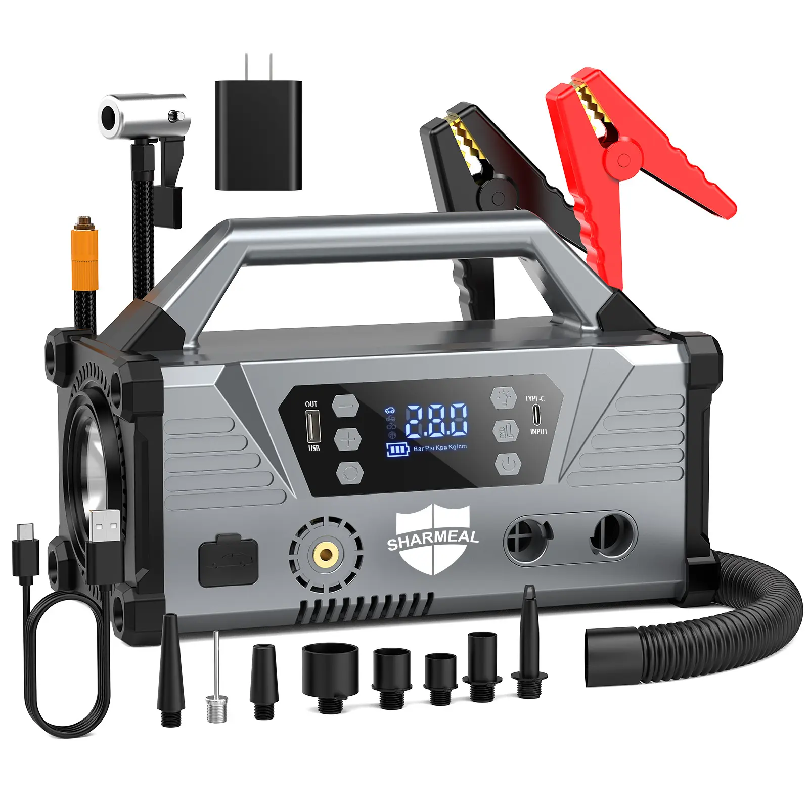 SHARMEAL 15-in-1 Pro-Grade Automotive Car Emergency Kit, Portable Jumpstarter Jump Leads (9000A, 1-Button BOOST, Smart Cables, 16000mAh/59.2Wh), 200PSI Inflator, USB Cable Phone Charger, 1200-Lumen LED Lights, Blower/Deflator for Camping, Vehicle Accessor