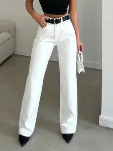 Women's Washed Denim Elastic Comfort Fabric Jeans, Wide Leg Long Pants, Slim Fit, All Seasons, Loose-Fitting, Zipper Fly