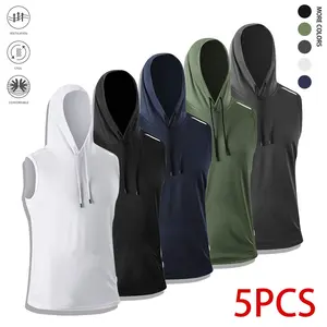 Set of 5 pieces: summer men’s sleeveless hooded tops; simple solid-color sports tank tops suitable for everyday wear and outdoor activities. Summer men’s tops: sleeveless tops.