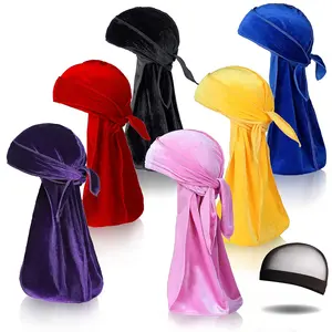 6Pcs Velvet Durag with 1 Wave Cap for 360 Waves Doo Rag(Purple, Red, Black, Pink, Yellow, Blue) LEADUWAY