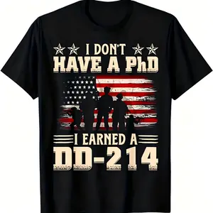 "I May Not Hold a PhD, But I Proudly Earned My DD214" Retro Flag T-Shirt for Men - Y2K Street-Style Crew Neck Short Sleeve, Soft Breathable Cotton, All-Season Summer Spring Casual Trendy Top, Machine Washable