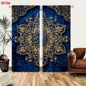 2D Flat Ramadan Decorative 2-Piece Curtain Set, Intricate Symmetrical Gold Floral & Scrollwork Design on Deep Blue Textured Background, Traditional Islamic-Inspired Ornate Calligraphy Pattern, Luxurious Cultural Artistry for Home Window Decoration