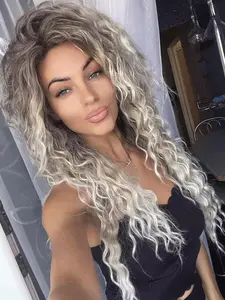 28 Inch Ombre Gray Long Curly Wigs for Women, Gorgeous Fluffy Wigs without Bangs, Synthetic Full Machine Wigs for Party, Cosplay, Daily Use, Synthetic Material Wigs