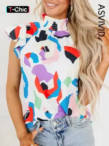 Women's Elegant Lightweight Blouse Top Shirts with Abstract Color Block Print, Ruffled Sleeves and Smocked Design