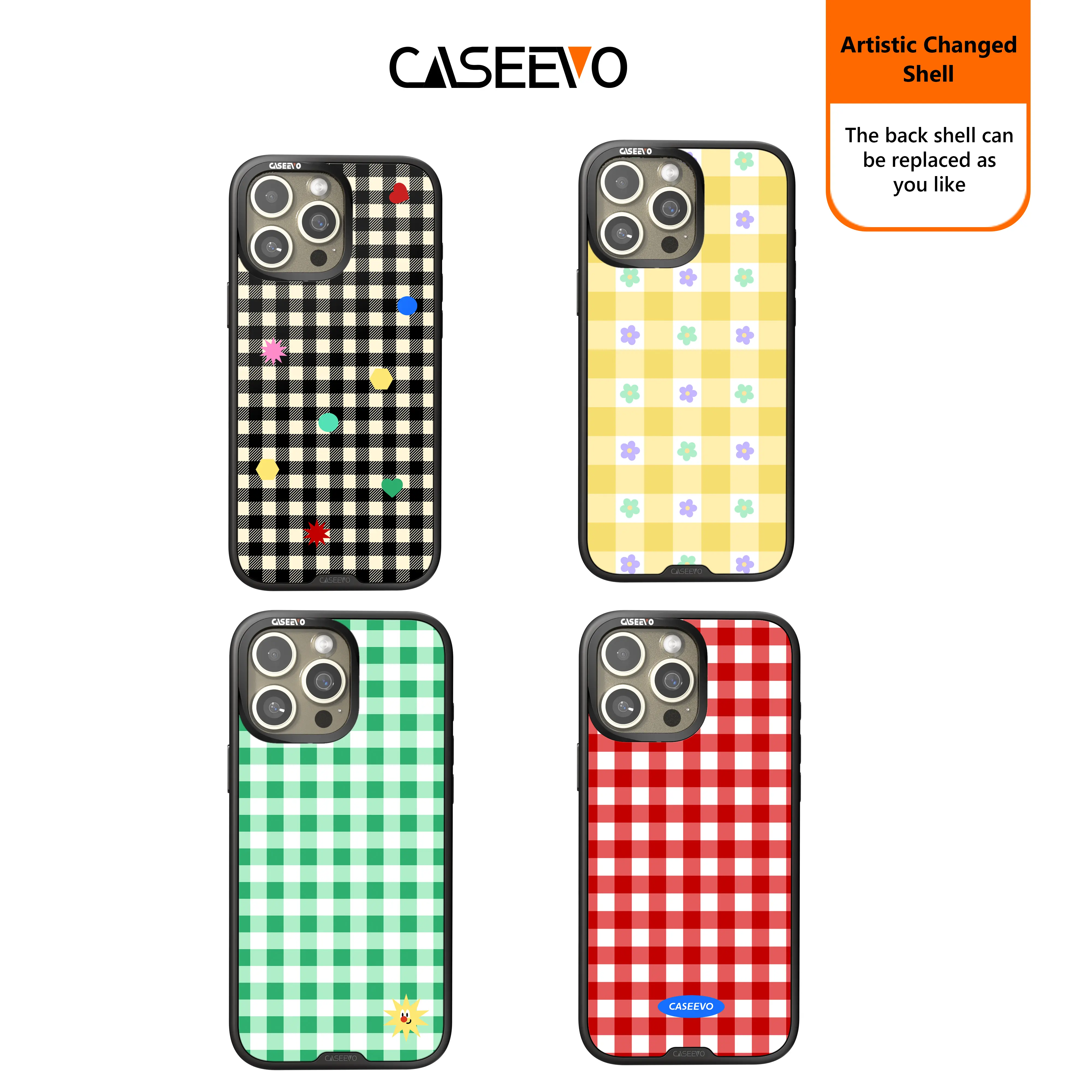 CaseEvo Plaid magnetic phone case with removable back cover compatible with Magsafe for iPhone 16/15/14 Four-color suit combination