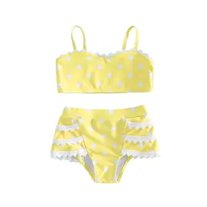 1-7T Little Girl Swimsuit Set Dot Print Lace Trim Cami Tops and Thongs 2 Piece Bathing Suit Outfit