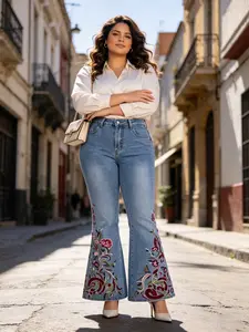 Floral Embroidered Flare Jeans for Women Light Blue Wash Mid High Waisted Heavy Colorful Snake & Rose Scroll Embroidery on Cuffs Slim Fit Bootcut Bell Bottom Pants Bohemian Western Y2K Streetwear Casual Trousers for Daily Commute Music Festival Vacation D