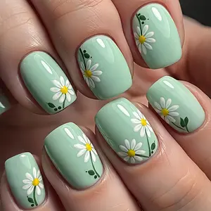 Daisy Flower Garden Sealed Ladybug Polka Dot Nails Glossy Short Simple Spring Wear Press-On 24pcs False Nails DIY for Women Girls Nail Art Decoration Flower Design Nails