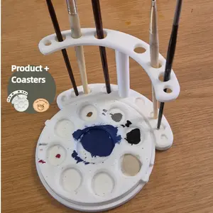 2PCS 2-in-1 Paint Brush Holder with Detachable Palette - 8 Brush Holes in 4 Sizes, 9 Color Mixing Wells, Ideal for Studio, Classroom, Outdoor Sketching & Hobby Painting, Easy to Clean & Store, Perfect for Acrylic, Watercolor & Oil Painting [Stand + Coaste