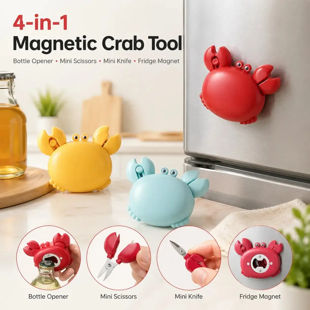 4-in-1 Magnetic Crab Bottle Opener Kitchen Utensil - Cute Fridge Magnet with Mini Scissors, Package Cutter, Portable for Home Kitchen, Bar, Picnic, Utensils
