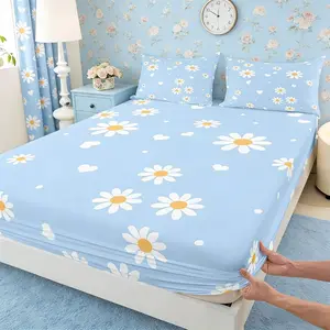 Daisy Bedding Set Yellow White Blue Bed Set Bedroom Decor Daisy Flowers Fitted Sheet(1 Fitted Sheet+1 ) Spring Floral Bed Cover(No Flat Sheet) No Flat Sheet