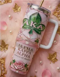 Alpha Kappa Alpha Tumbler with Handle – AKA Sorority Luxury Mug, Pink & Green Stainless Steel Cup, Perfect AKA Gift