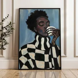 No Frame Geometrical People Large Wall Art Contemporary Artwork Afro Woman Print Kitchen Wall Art Black Woman Coffee Lover Poster