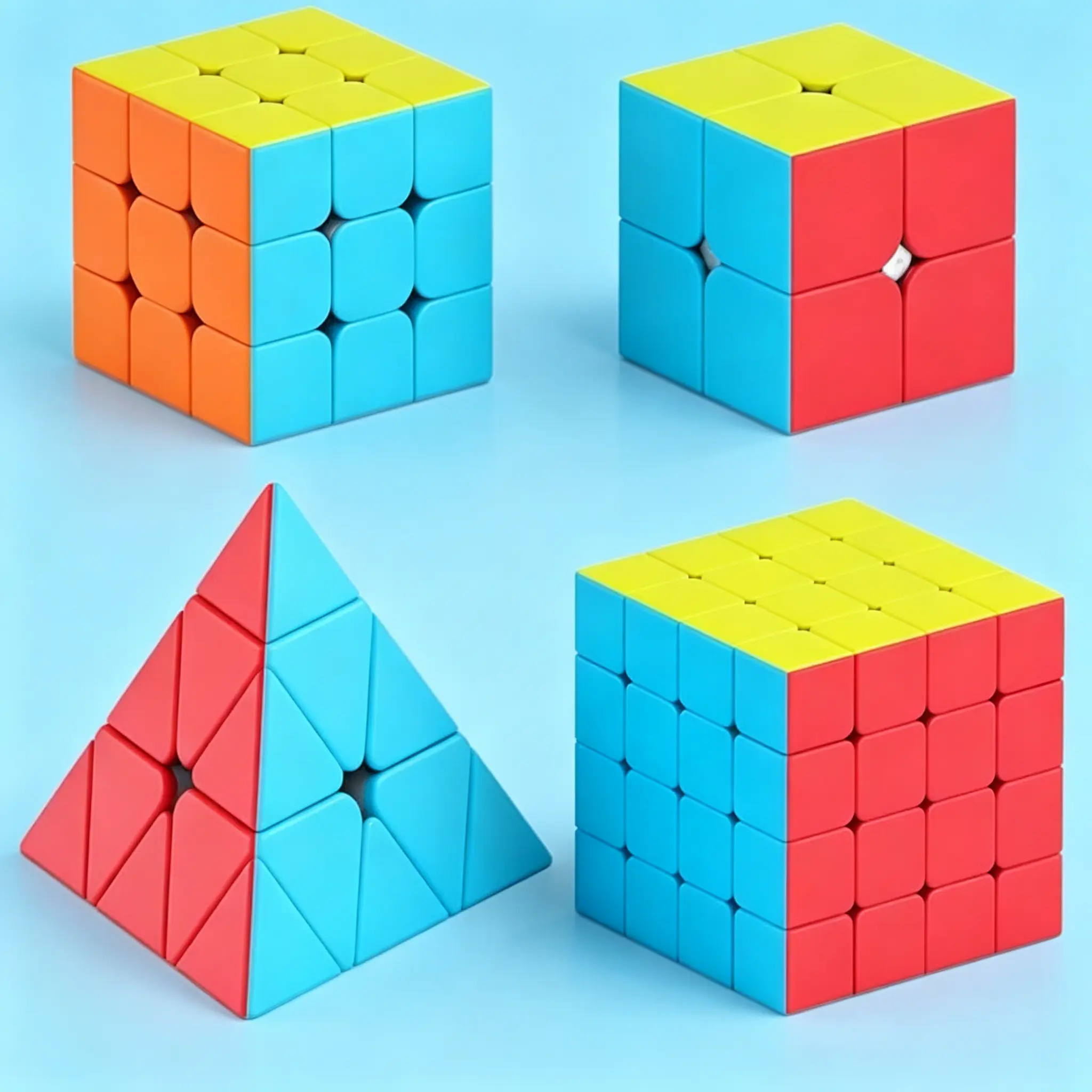 Stickerless Speed Magic Cube 4-Pack Bundle (2x2, 3x3, 4x4, Pyramid) - Smooth-Turning Spatial Reasoning Brain Teaser Toy, Birthday/Christmas Stocking Stuffers for Boys & Classroom Prizes