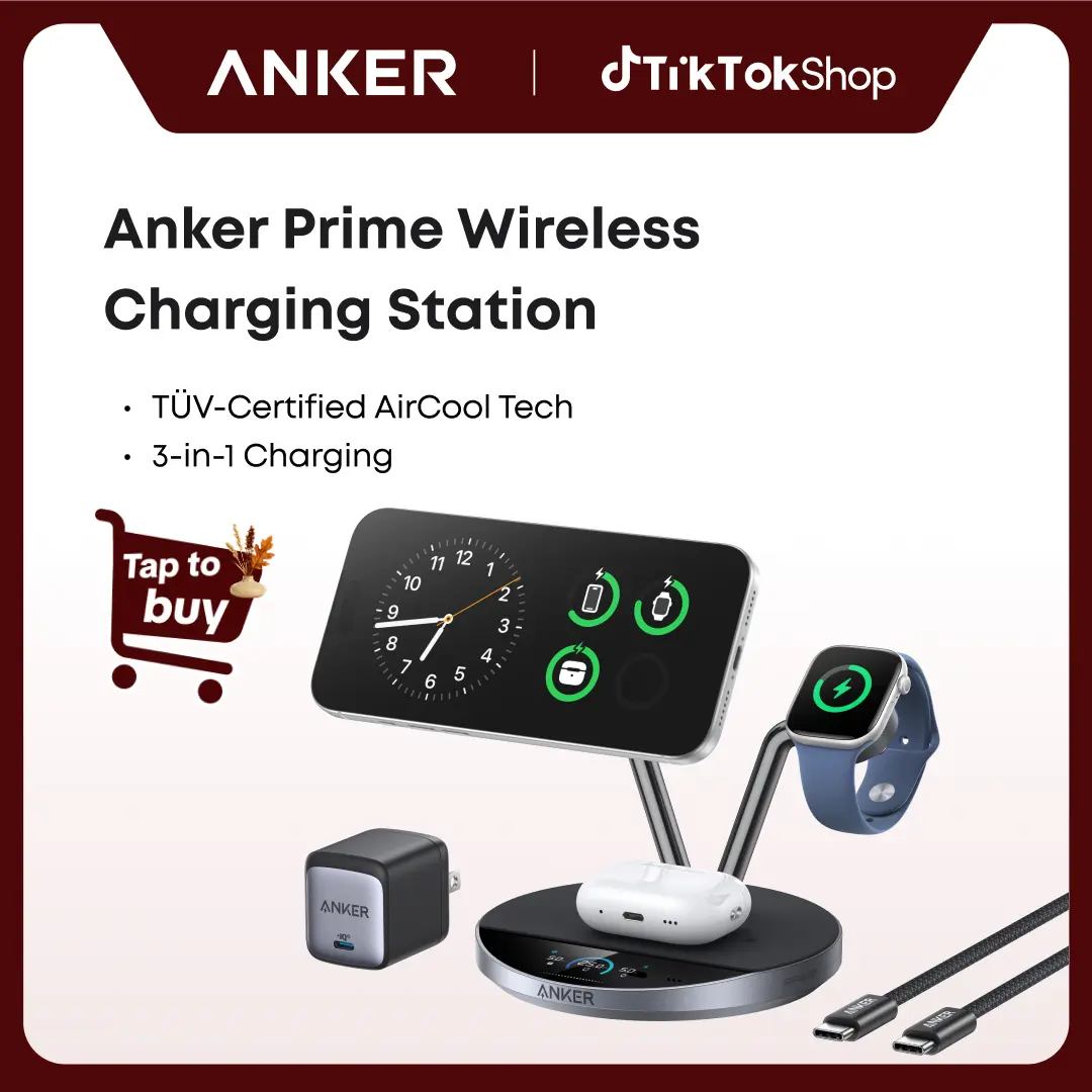 [Live Only]Anker Prime MagSafe Charger Compatible, 3-in-1 Charging Station, Qi2 25W Certified Wireless Charger Dock Stand, Smart Display with TEC Active Cooling, for iPhone 17, Apple Watch, AirPods, and More sohochic