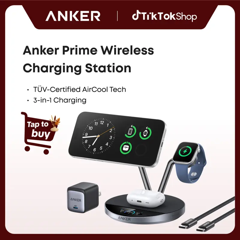 Anker Prime MagSafe Fast Charger - Qi2 25W Cert. 3-in-1 Cordless Charging Station, Boost/Ice/Sleep 3, A25X7 Adaptive Wireless Charging Dock Stand, Smart HD Screen, TEC Active Cooling, Included Cable for iPhone 17, Cellphone, Smartwatch, Earbuds