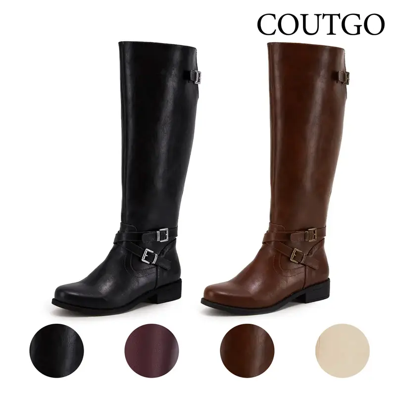 Coutgo Women's Basic Knee-High Riding Boots - Plain Faux Leather, Wide Calf, Flat Low Heel, Side Zipper, Round Toe, Rubber Sole, Breathable, Lightweight, Minimalist, Fashion All-Seasons Women's Shoes for Walking