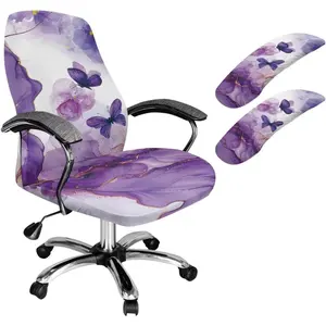 Marble Butterfly Print Computer Chair Cover with Armrest Covers, Stretchable Office Chair Cover Set, Anti-Dust Office Chairs Accessories, Purple