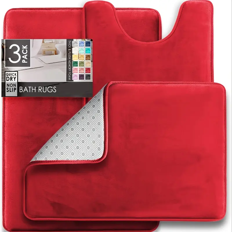 SoftTouch 3-Piece Non-Slip Memory Foam Bath Mats Set - Quick-Dry 600gsm 0.47in Thick Machine-Made Polyester Blend Bathroom Rugs, PVC Backing, Foot Massage Design, Stain Resistant Red Rectangular Valentine's Day Decor Bath Accessories