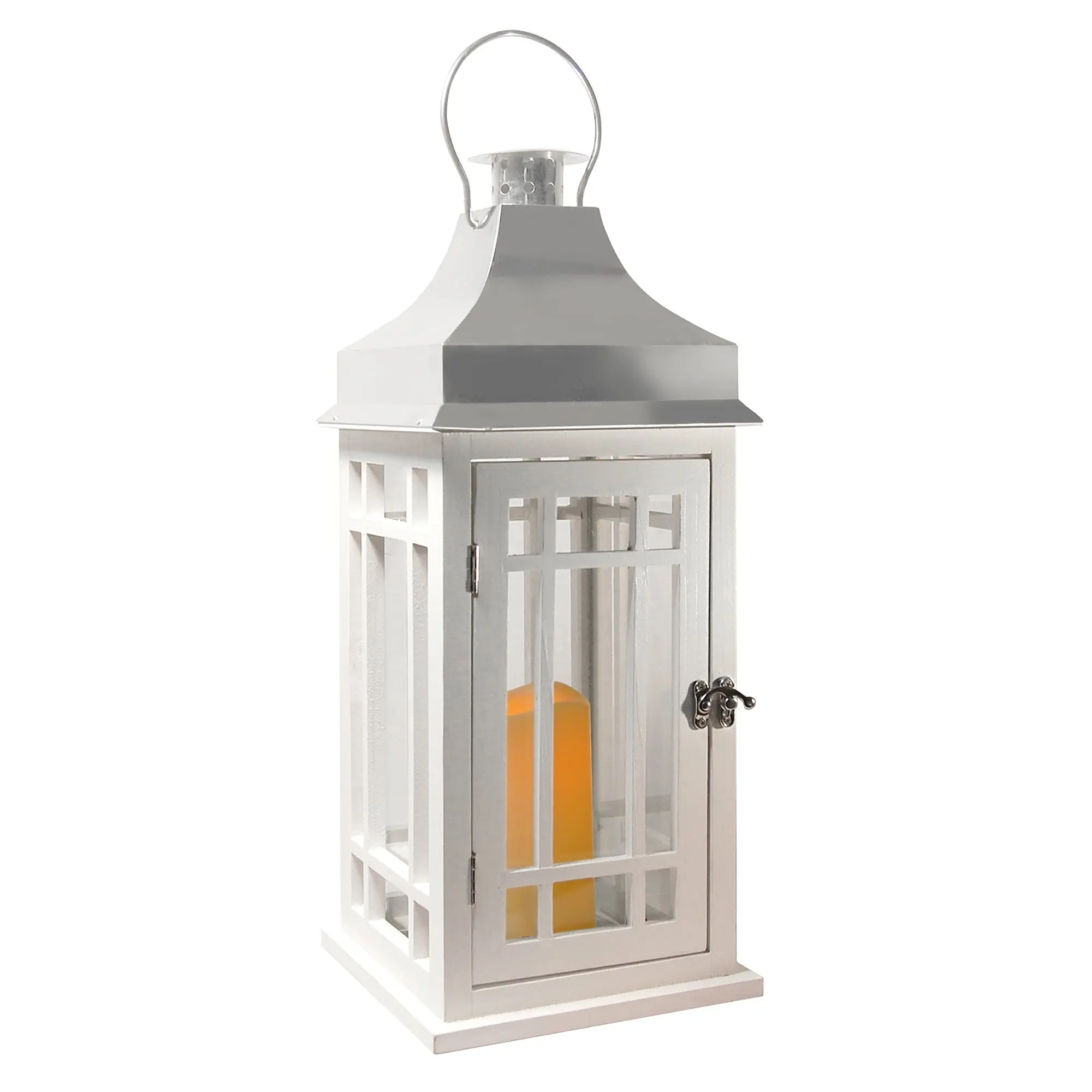 LumaBase Wooden Lantern with Battery-Operated LED Candle - White, Chrome Roof, Glass Panel, Metal Accent, Removable Hanging Indoor Light, Easy Switch, Timer, Casual Home Decor, Home Accessories