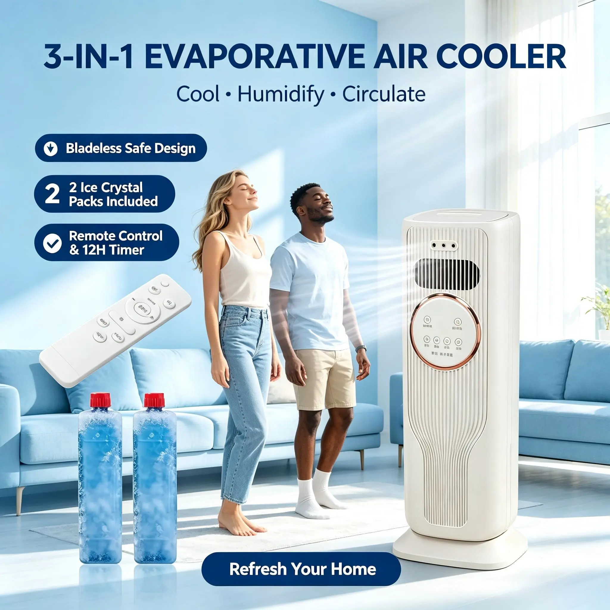 Evaporative Tower Air Cooler, 4 In 1 Portable Cooling & Heating Fan with Air Purifier, Humidifier Atomizer, Bladeless Safe Design, Ice Crystal Packs Included, Indoor Evaporative Air Cooler for Bedroom Living Room Office