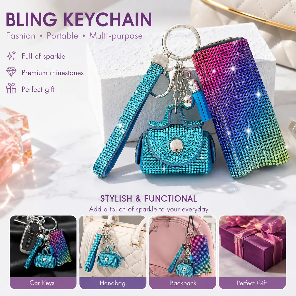 Bling Keychain Set, Decorative Home Supplies Accessory for Key Organization