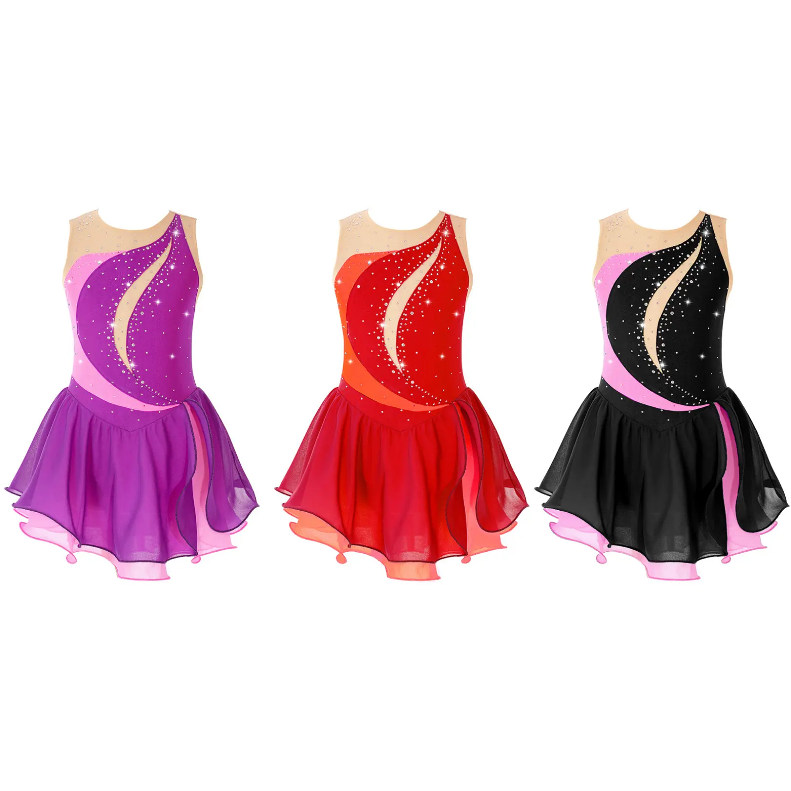 easyforever Girls' Dance Dress, Sleeveless Figure Skating Leotard with Colorful Ruffle Chiffon Skirt and Sparkle Rhinestones, Dance Garment