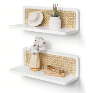 Boho Style Woven Rack, Wall Mounted Shelf with Hooks, Wall Decor for Living Room, Bedroom, Dining Room, Home Decor