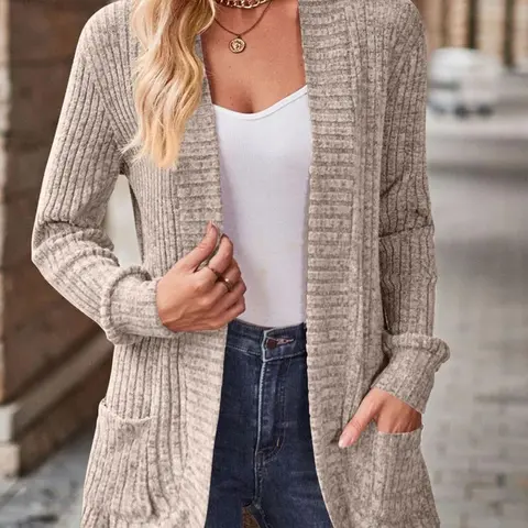 Lune Women's Lightweight Long Sleeve Cardigan with Pockets, Ribbed Texture for Trendy Everyday Casual Wear in Fall & Winter, Comfortable Fitted Style, Knitwear, Womenswear, Tops, Casual Chic Knitwear