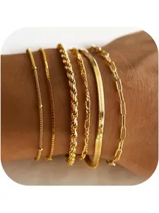 Gold Bracelets for Women Waterproof 14K Gold Plated Exquisite Bracelet Stack Set Non Tarnish Trendy Thin Dainty Stackable Cuban Link Paperclip Twisted Chain Bracelet Pack Fashion Cute Jewelry Set