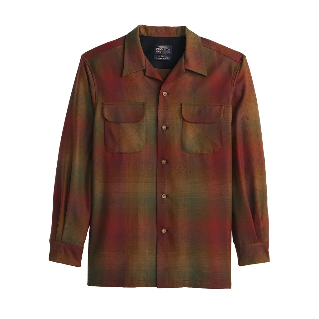 Pendleton Men's Fitted Long Sleeve Board Shirt - Rust/Olive Ombre, Medium Length, Plain Pattern, Pure Virgin Wool Fabric, Casual Preppy Autumn Menswear Top, Pockets, RA790-32733