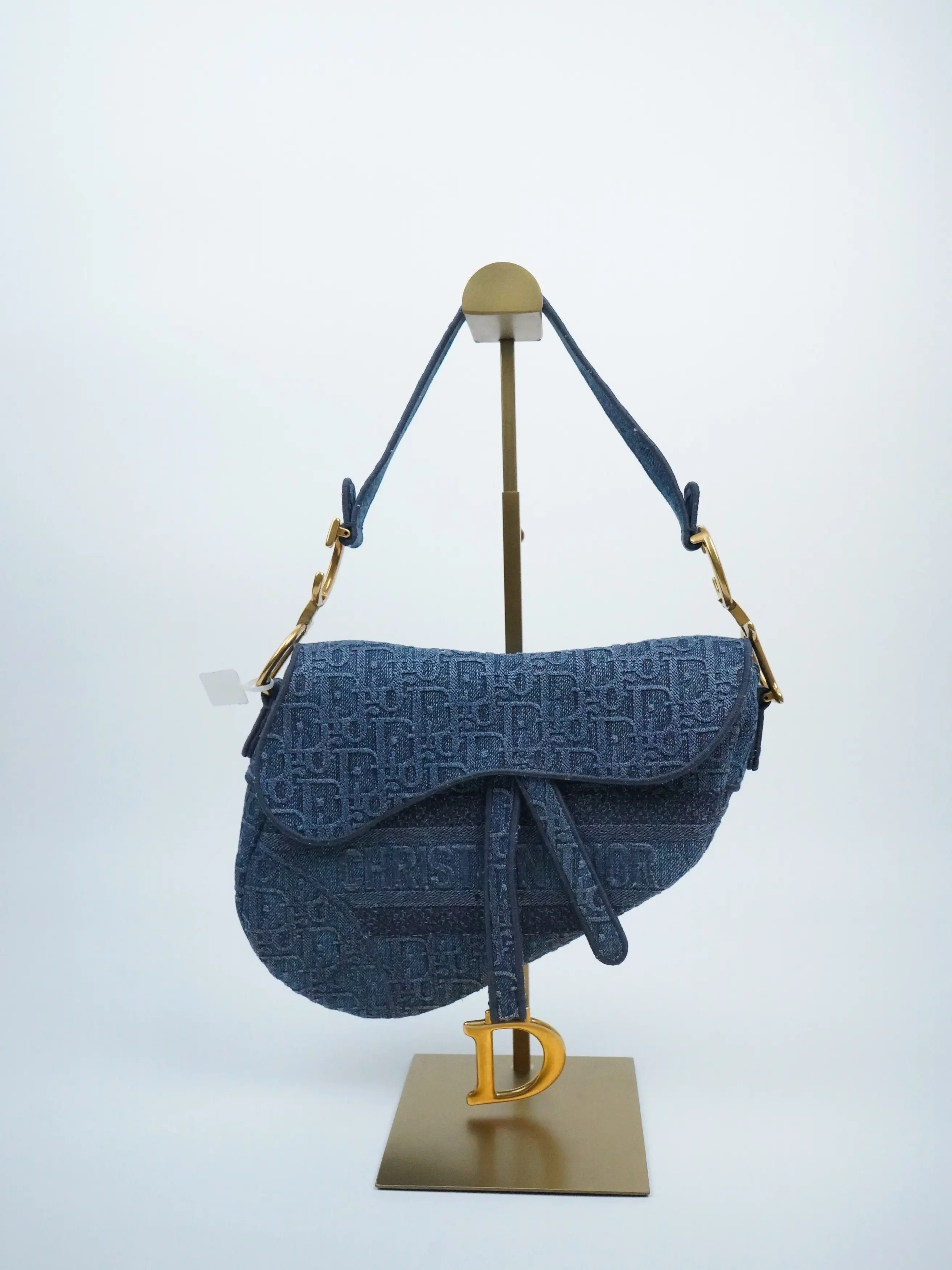 Pre-owned Dior canvas Shoulder Bags Christian Oblique Embroidered Saddle Bag dark Denim Blue