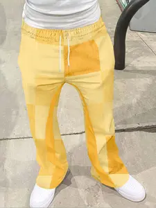 Vintage Men's Loose Bell Bottom Pants, Flared Streetwear, Drawstring Sportswear Long Pants, 3D Soft Breathable Fabric, Geometric, Casual Daily Wear Fashion Item