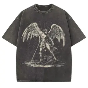B-Men's Oversized Vintage Angel Graphic T-Shirt | Retro Acid Wash Streetwear Tee | Heavyweight Cotton Boxy Fit Drop Shoulder Top | Y2K Aesthetic Archangel Print