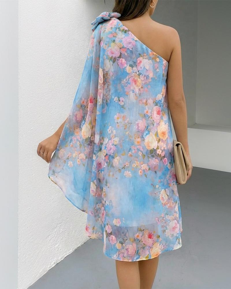 ChicMe Women's 3D Floral One-Shoulder Dress Flowy Split Sleeve Chiffon Mini Dress Romantic A-Line Party Dress