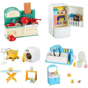 Dollhouse Furniture, Kitchen & Bathroom Toy Set, Fridge Washing Machine Set for Kids, Dollhouse Miniature Accessories, Educational Pretend Play Toys for Toddler, Boys & Girls