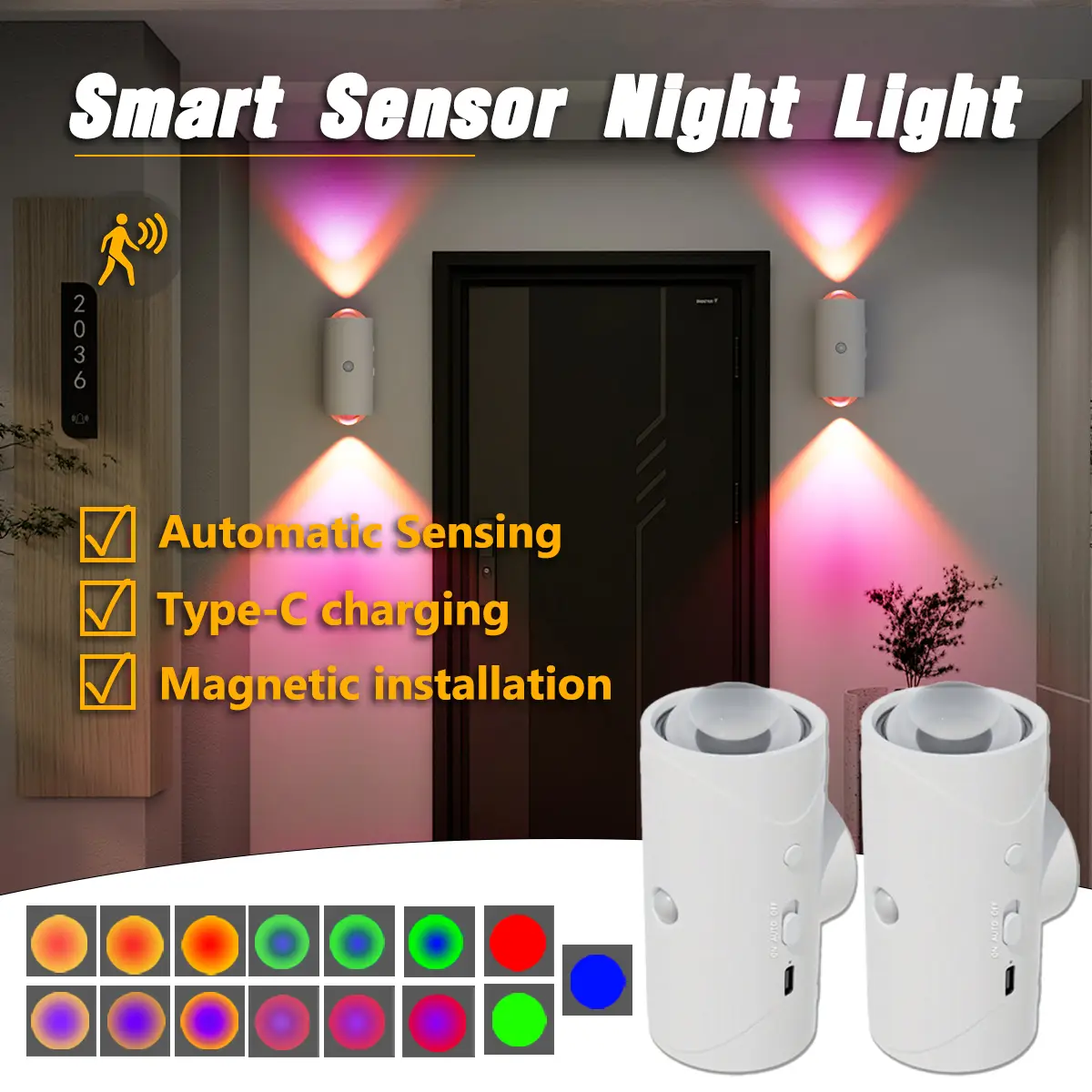 Smart LED Night Light with Motion Sensor, RGB Gradient Dimmable Wall Lamp, USB Rechargeable Indoor Ambient Lighting, Magnetic Step Lamp for Entryway,