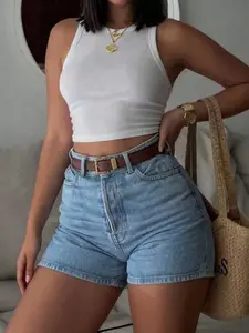 Women's Casual Denim Shorts, Straight Leg Style With Pockets And Button Details, Stretch Fabric, Casual Versatile Streetwear Essential, Fashionable Must-Have for Everyday, Comfortable and Stylish