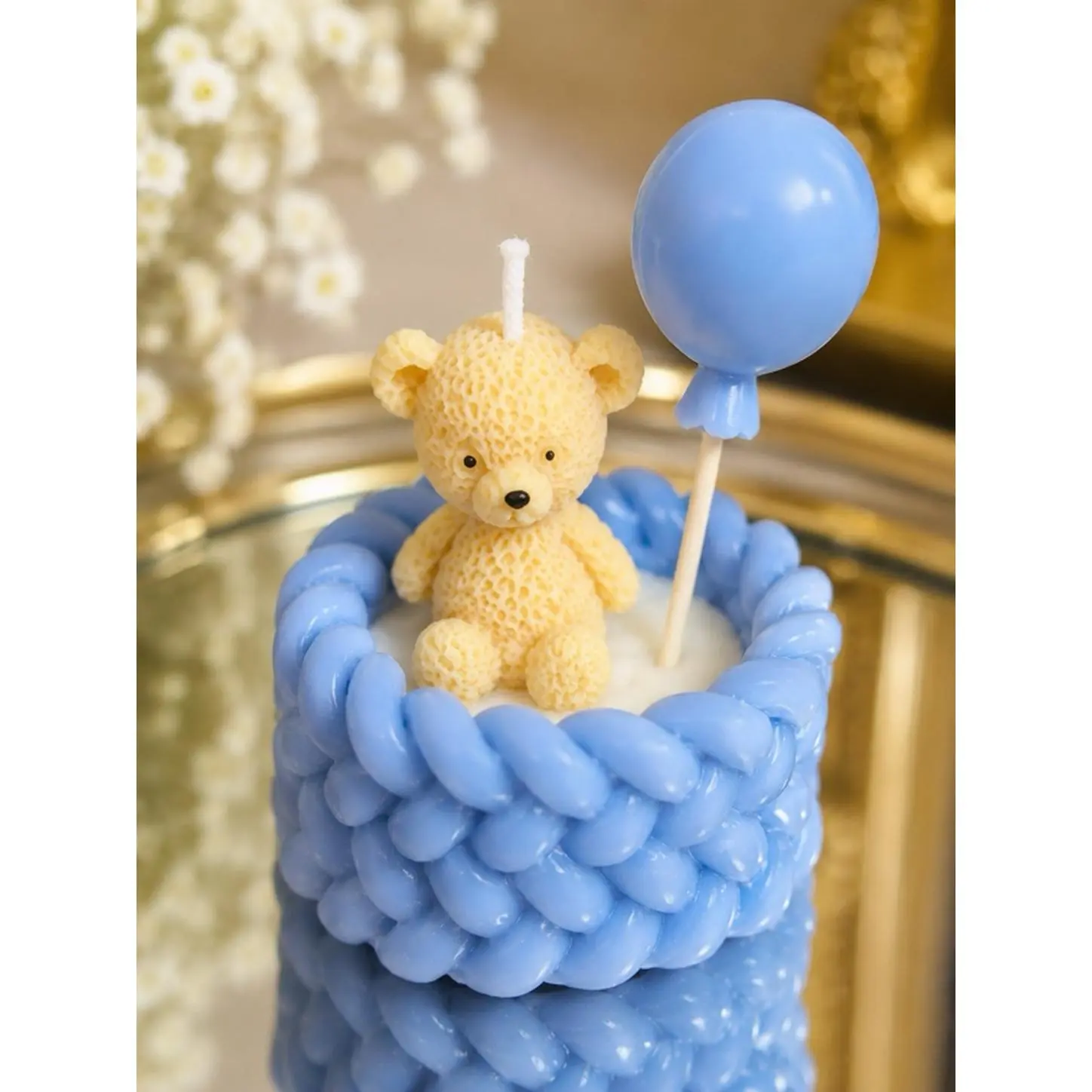 Teddy Bear Candle with Balloon Decor for Baby Shower or Birthday Party