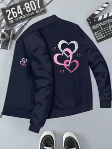 Street Style Gradient Heart Print Stand Collar Jacket, Casual Comfortable Spring Fall Top, Trendy Fashion Outerwear for Daily Wear