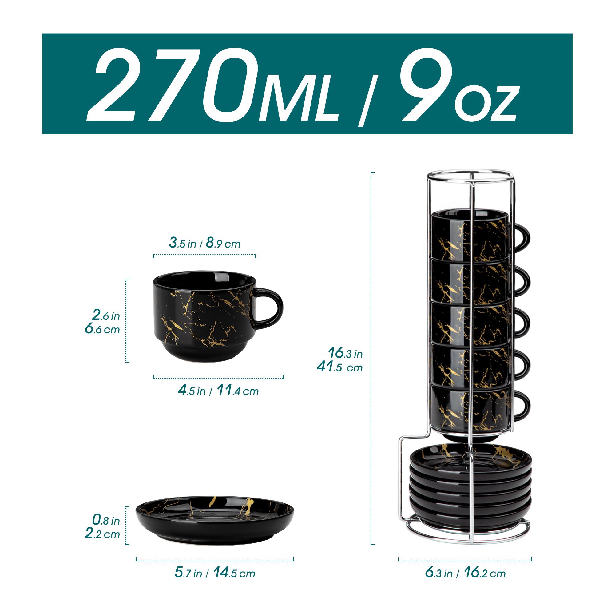 MALACASA 3/5/9 OZ Porcelain Espresso Cups (includes saucers and metal cup holder) 6-Piece Set, Stackable Cappuccino Cups, Coffee Cups, and Tea Cups, Marble-Patterned Espresso Cup Set, Perfect for Espresso, Lattes, and Tea