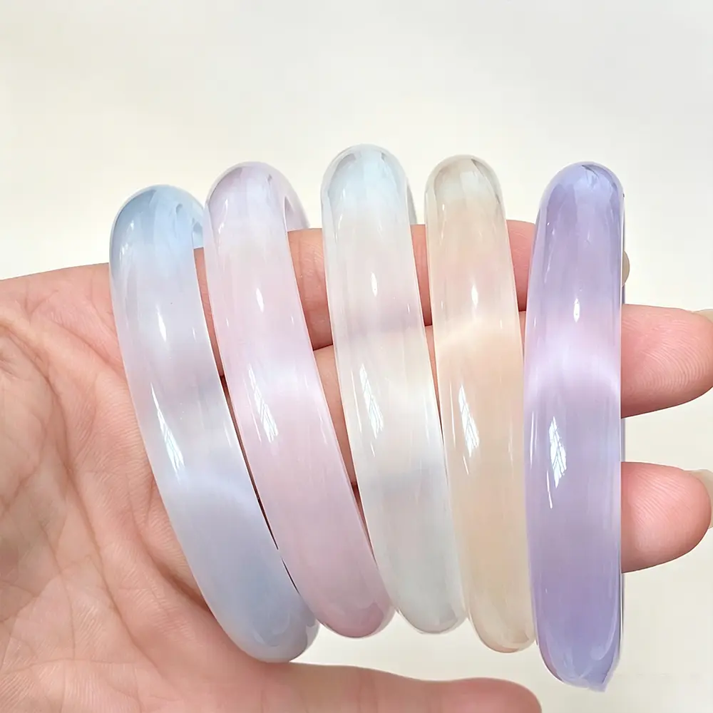 Women's Handmade Glassy Bracelets & Bangles - White Moonlit Cat's Eye, Polished Finish New Light Blue Chinese Culture Female Jewelry, Daily Wear Elegant Gift for Her, Classic